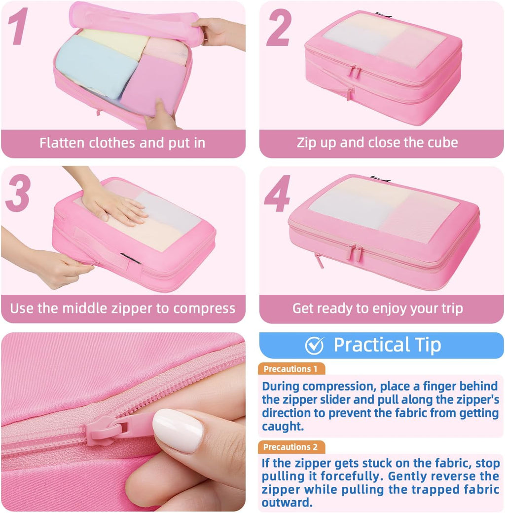 BAGAIL 4 Set/6 Set/8 Set Compression Packing Cubes Travel Accessories Expandable Packing Organizers (Square Mesh, 06-Pink)