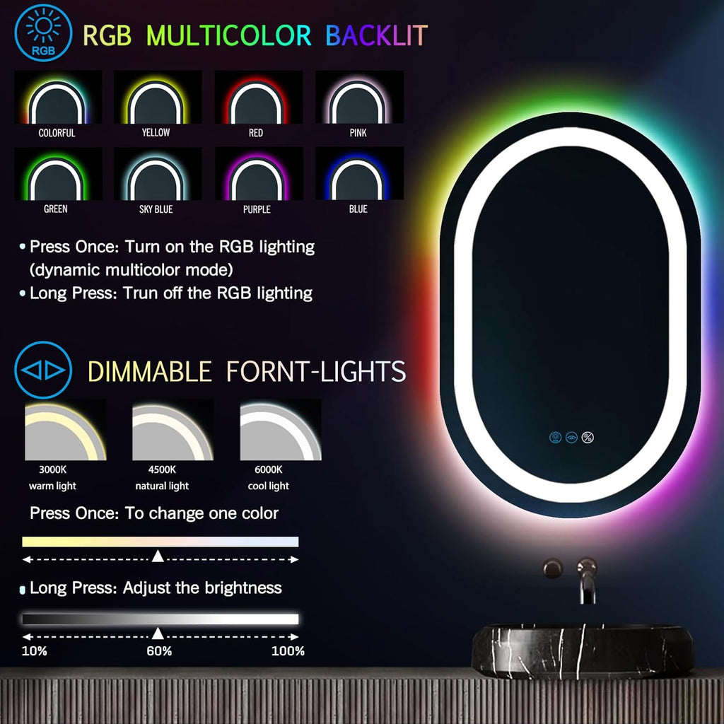 THEKLA 20 x 32 Inch Oval LED Vanity Mirror with Lights Smart Dimmable 3 Color+ Rainbow RGB Color Changing Backlit 32" Oval Lighted Mirror for Bathroom Wall Horizontal/Vertical Mount Anti-Fog