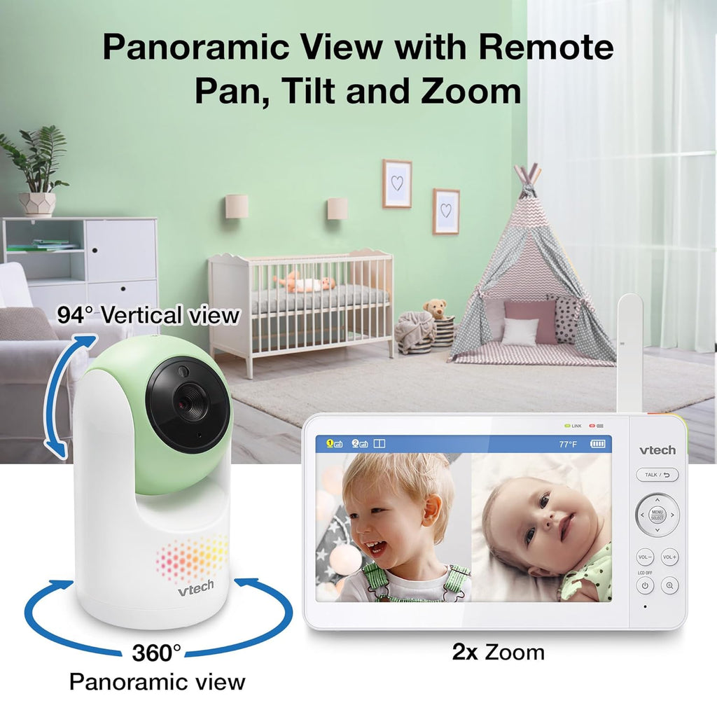VTech 2-Cameras Video Baby Monitor with 7" Color LCD Screen, Rechargeable Battery, Video and Audio Streaming, Pan-Tilt-Zoom, Touch Multi-Color Night Light, Two-Way Talk: Advanced Max Twin (Green)