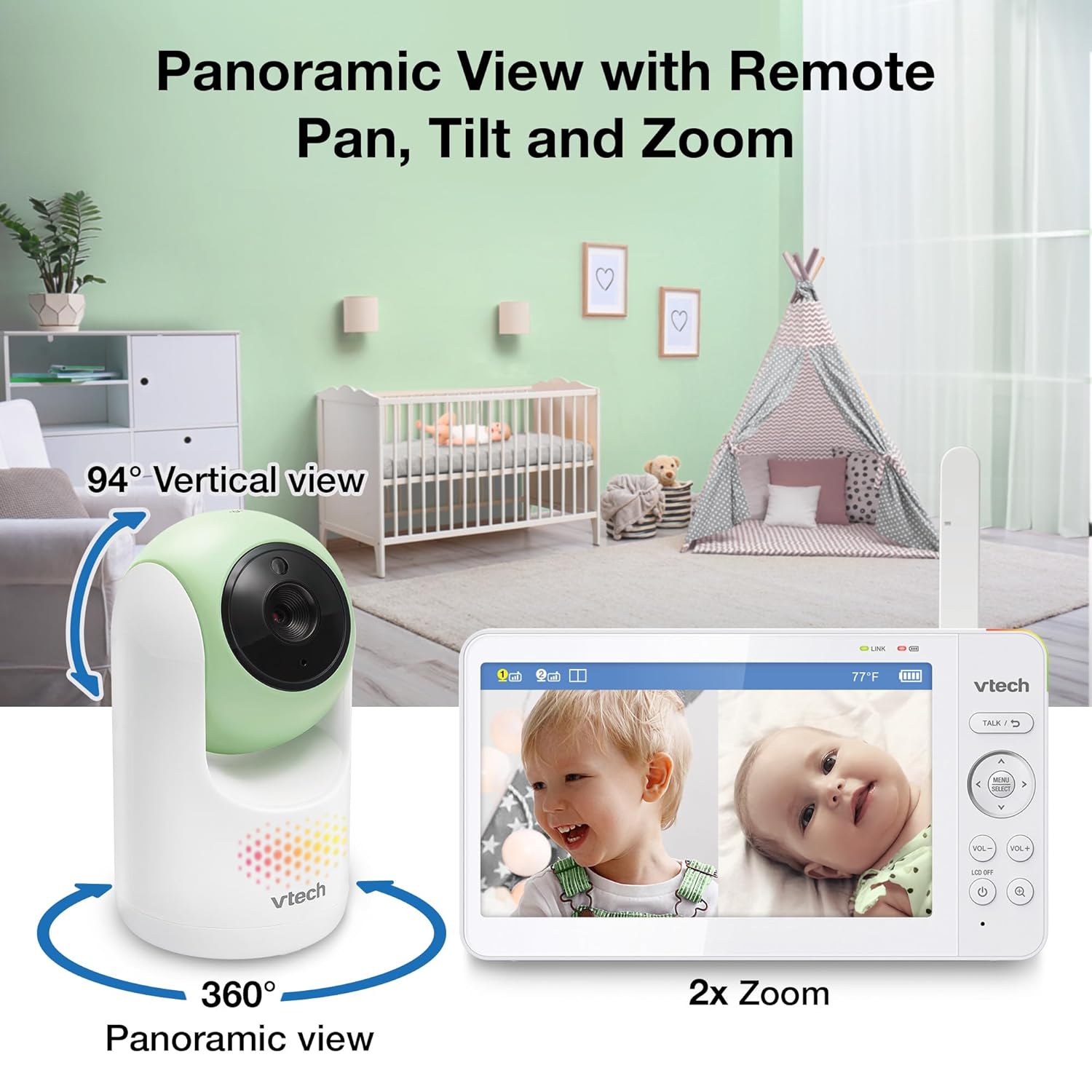 VTech 2-Cameras Video Baby Monitor with 7" Color LCD Screen, Rechargeable Battery, Video and Audio Streaming, Pan-Tilt-Zoom, Touch Multi-Color Night Light, Two-Way Talk: Advanced Max Twin (Green)
