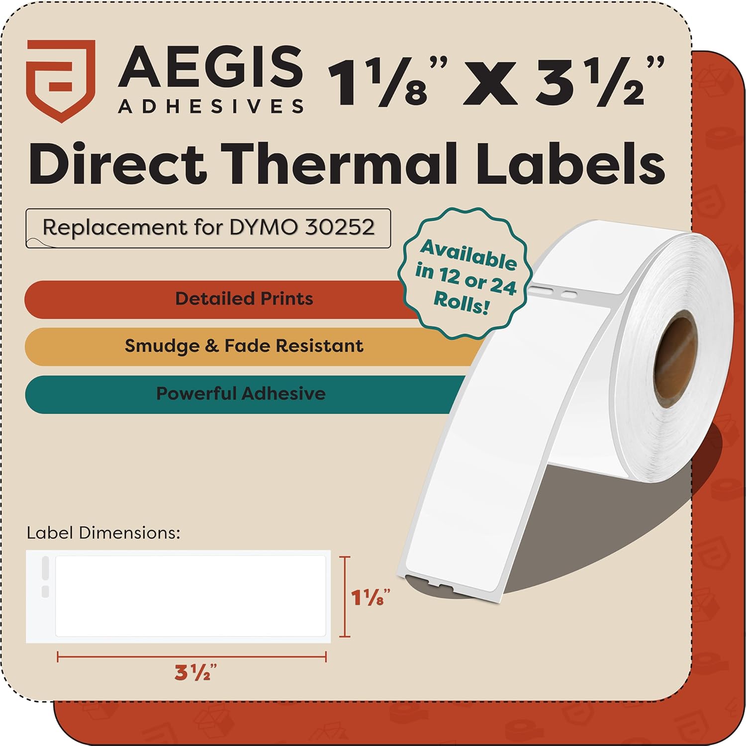Aegis Adhesives - 1-1/8" X 3-1/2" Replacement for DYMO 30252 (12 Rolls/4200 Labels) Direct Thermal Address Barcode Labels - Compatible with LabelWriter 450, 450 Turbo, 4XL (NOT 550, 5XL)