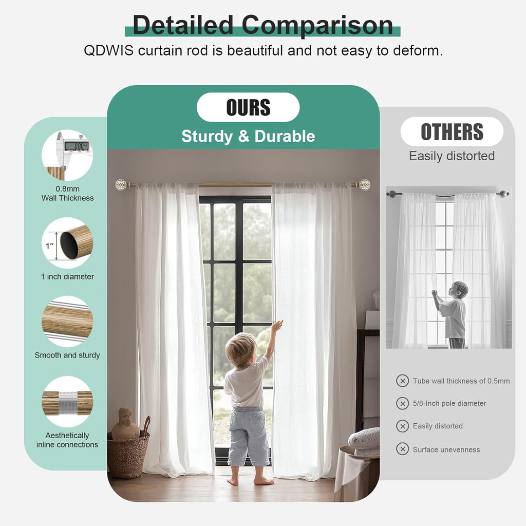 Boho Wood Curtain Rods for Windows 28 to 48 inch,1" Adjustable Heavy Duty Window Curtain Rod with Imitation Wood Grain Finials,Rustic Decorative Drapery Rods Set,Size:18-60'',Weathered Wood