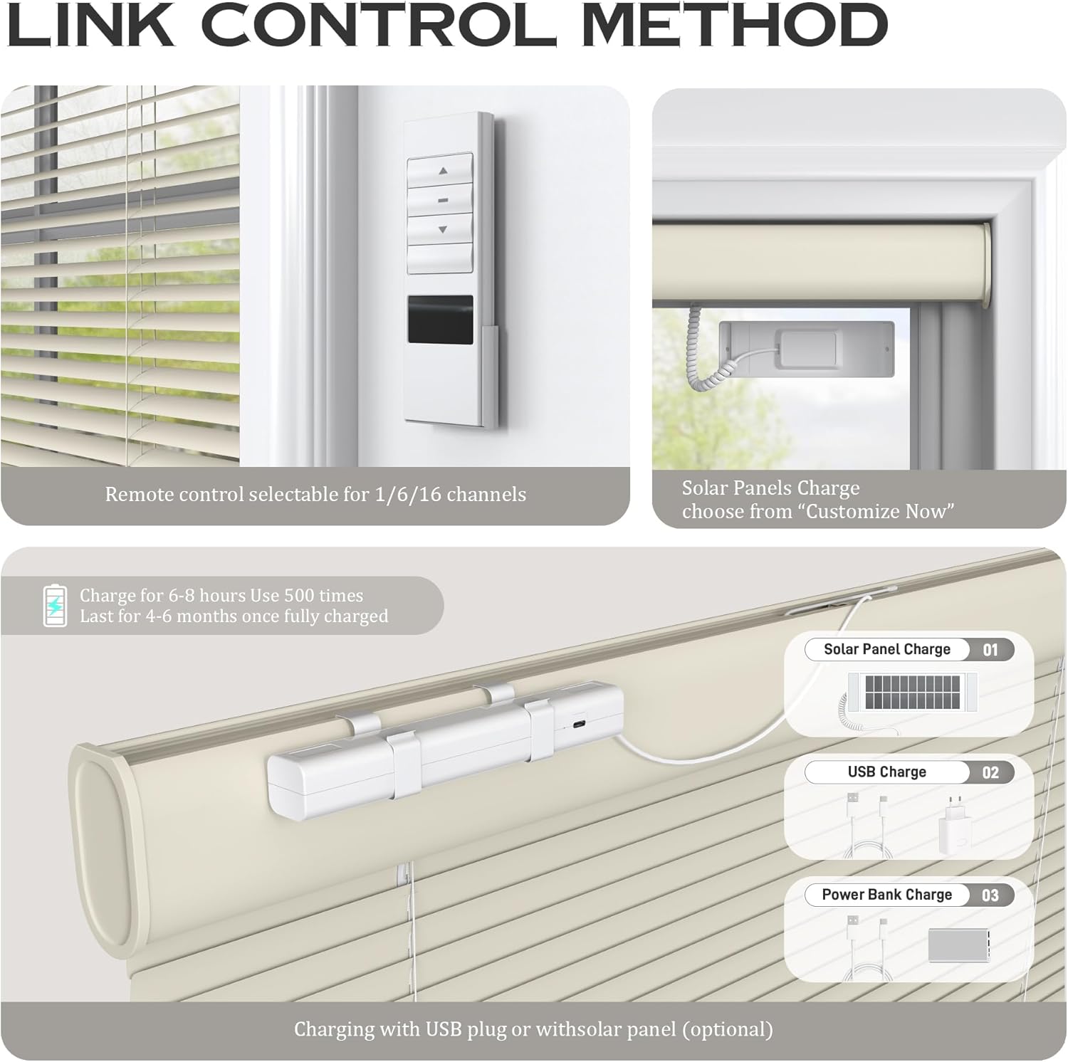 Motorized Cordless Aluminum Blinds with Remote, Automatic Room Darkening Horizontal Blinds for Indoor Windows, Light Adjustment Waterproof Blinds, Customized for Home Office, Beige
