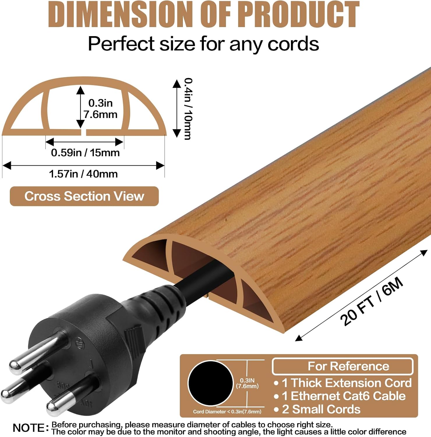 Floor Cord Cover Self Adhesive Cord Hider,20FT Cable Management, Extension Strip Protector for Wires, Prevent Cable Trips for Offices, Gyms, Exhibitions Cavity:0.51"(W) x 0.3"(H) Brown Wood