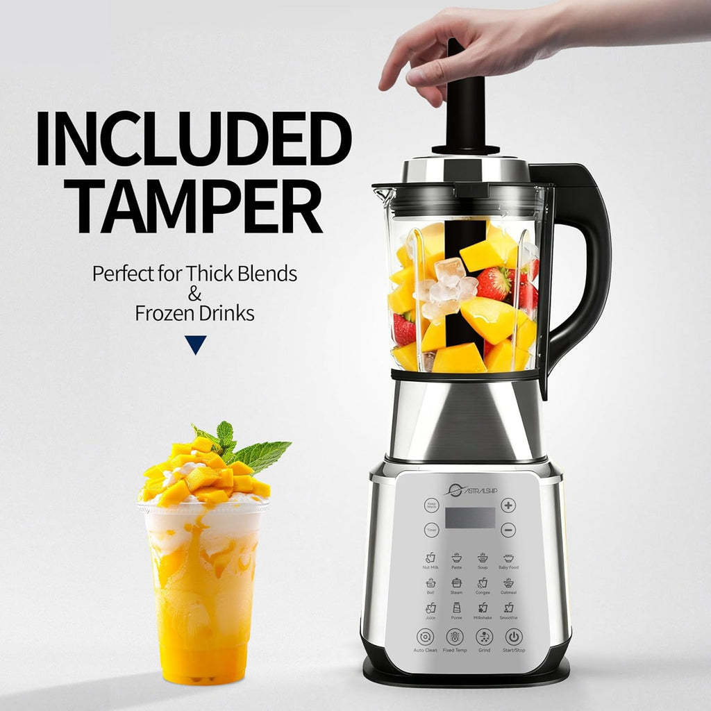 Blenders for Kitchen 1500W Stainless Steel Professional Blender for Smoothies, 59oz Glass Jar Countertop Blender with Tamper, Food Processor with Heating, 14 Smart Programs, ASH01-S Pro Auto Clean