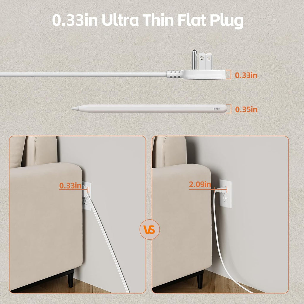 Surge Protector Power Strip 10 FT Flat Extension Cord ，10 AC Outlets & 4 USB Ports(5V/3.4A 17W), 1080J ，Wall Mountable Desktop Charging Station with Flat Plug for Office Supplies and Home, White