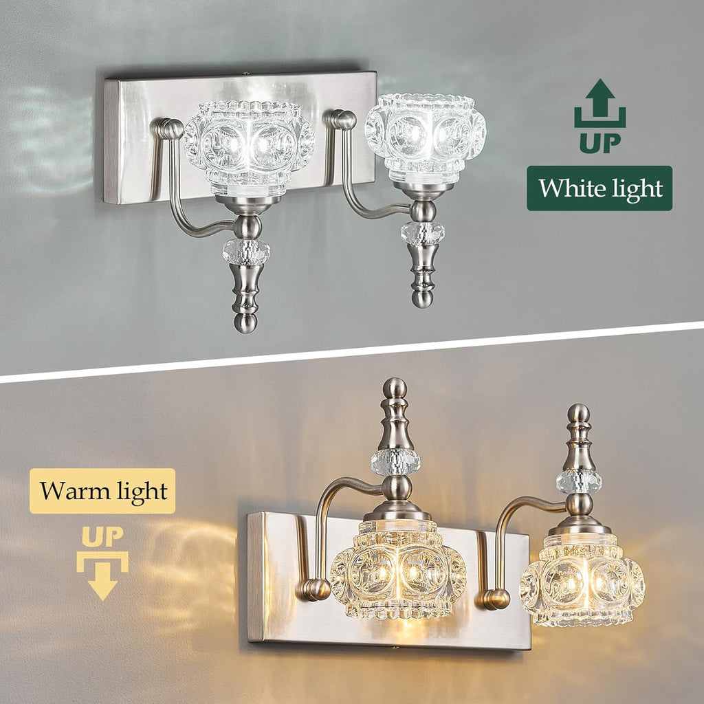 Modern Glass Crystal Vanity Light - Vintage Bathroom Lighting Fixtures Over Mirror, 2 Light Vanity Lights G9 Bulb (11.81 Inch, Nickel)