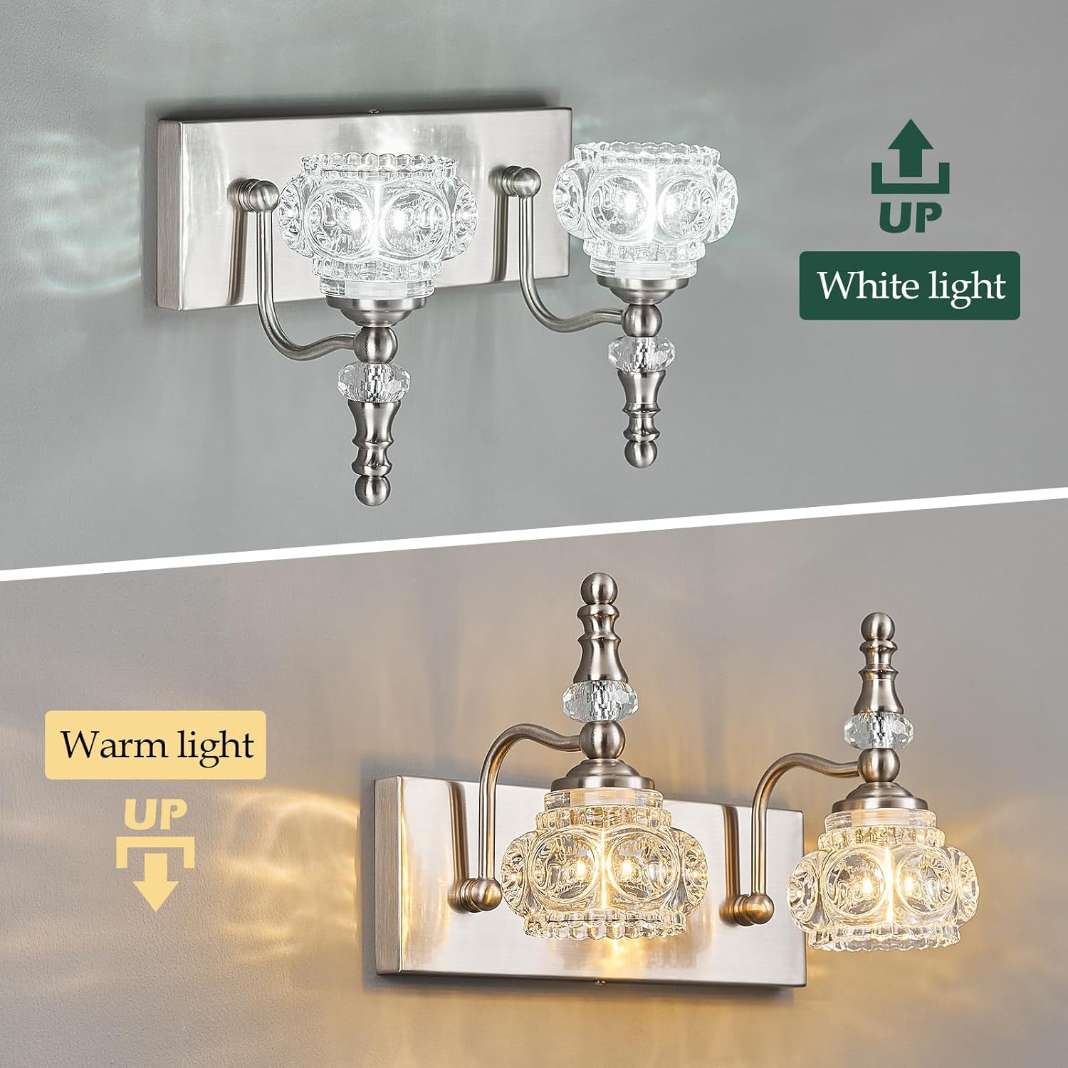 Modern Glass Crystal Vanity Light - Vintage Bathroom Lighting Fixtures Over Mirror, 2 Light Vanity Lights G9 Bulb (11.81 Inch, Nickel)