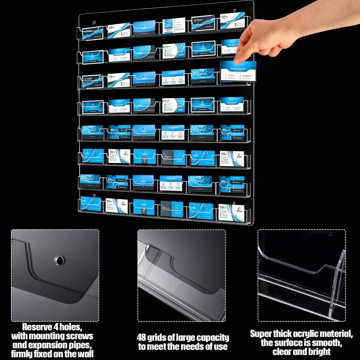 Hillban Acrylic Business Card Holder Wall Mount Clear Sticker Display Rack Multiple Card Holders Clear Acrylic Organizing Sticker Display Stand Pre Drilled(48 Pockets)