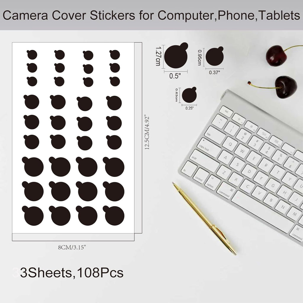 108 PCS Phone Camera Cover, Black Webcam Cover Vinyl Stickers, Camera Covers for Computer,Cell Phone,Laptops,Electronics(Multiple Sizes)