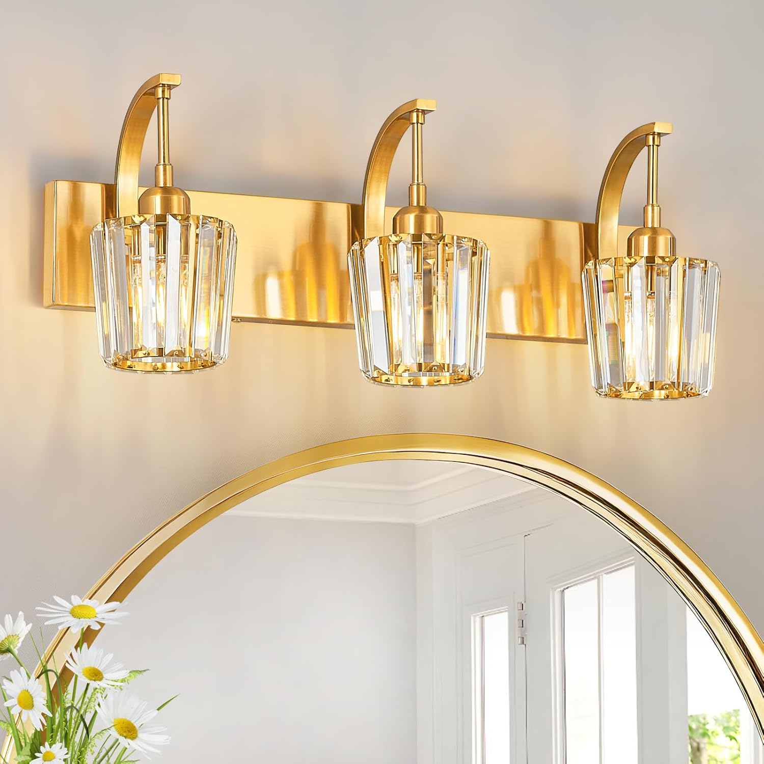 Modern Bathroom Vanity Light, 3-Light Gold Wall Sconce with Crystal Accents, Over Mirror Bathroom Lighting Fixture, 23.62" Long Dimmable Vanity Lamp for Makeup, Easy Installation