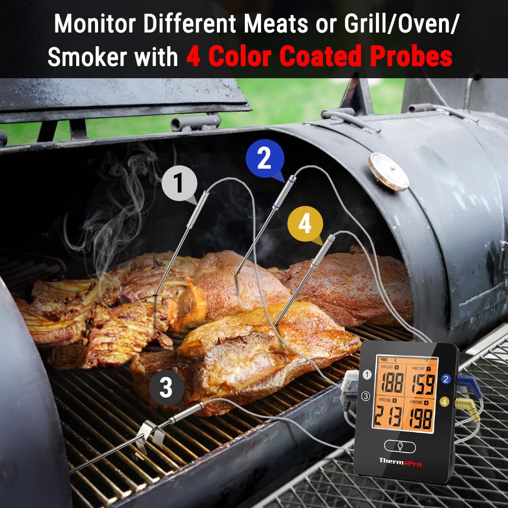 ThermoPro TP25 650FT Bluetooth Meat Thermometer with 4-Probes, Smart Rechargeable Wireless Meat Thermometer for Grilling, Smoker, Oven, Kitchen, BBQ Thermometer with Alarm, Temperature Graph, Black