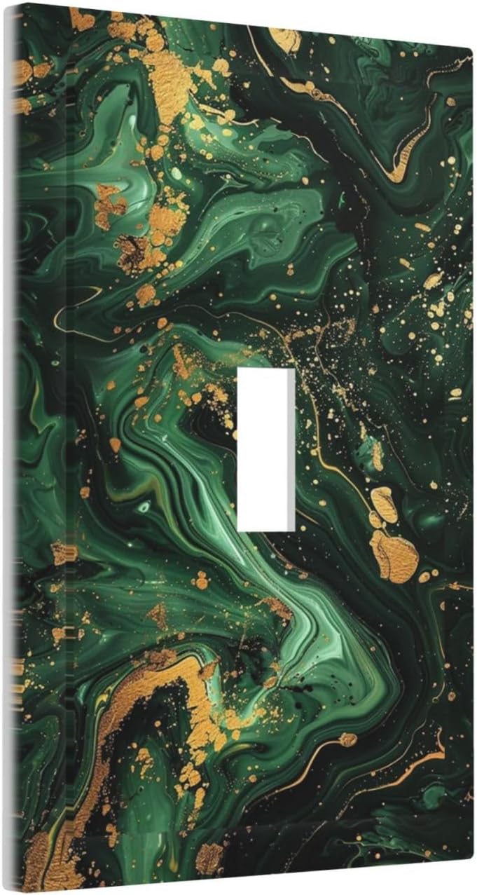 Green/Gold Modern Abstract Luxury Marble Single Toggle Light Switch Cover plate Outlet Cover Decorative Switchplate Wall Plates Electrical Panel Cover for Bathroom Living Room 5 X 3 IN