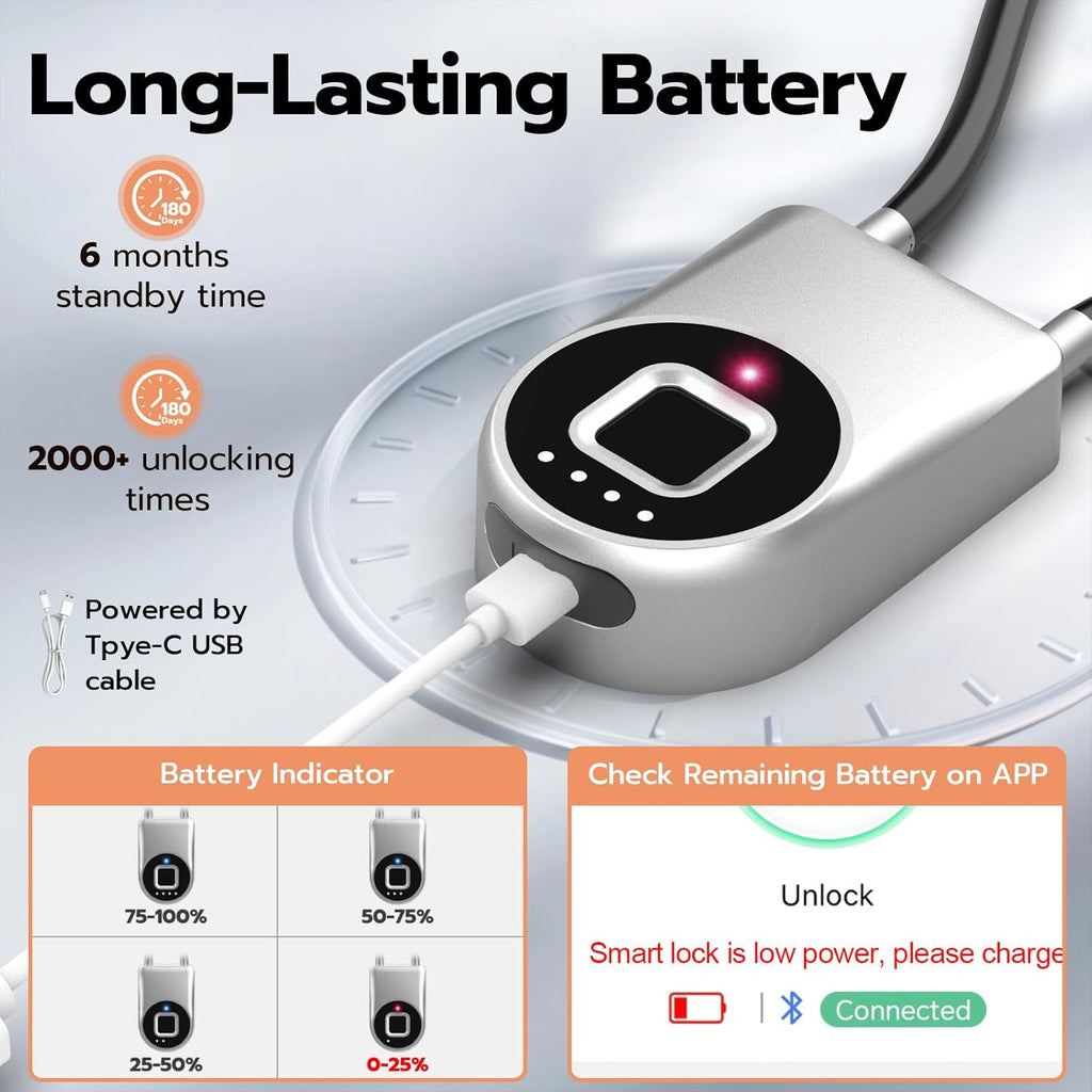 Fingerprint Cable Lock, eLinkSmart Fridge Locks with Bluetooth APP Control, Biometric Smart Padlock for Adults Baby Proof Cabinet Refrigerator French Door Cabinet Gate Locker Bike, 8.6'' Long Silver