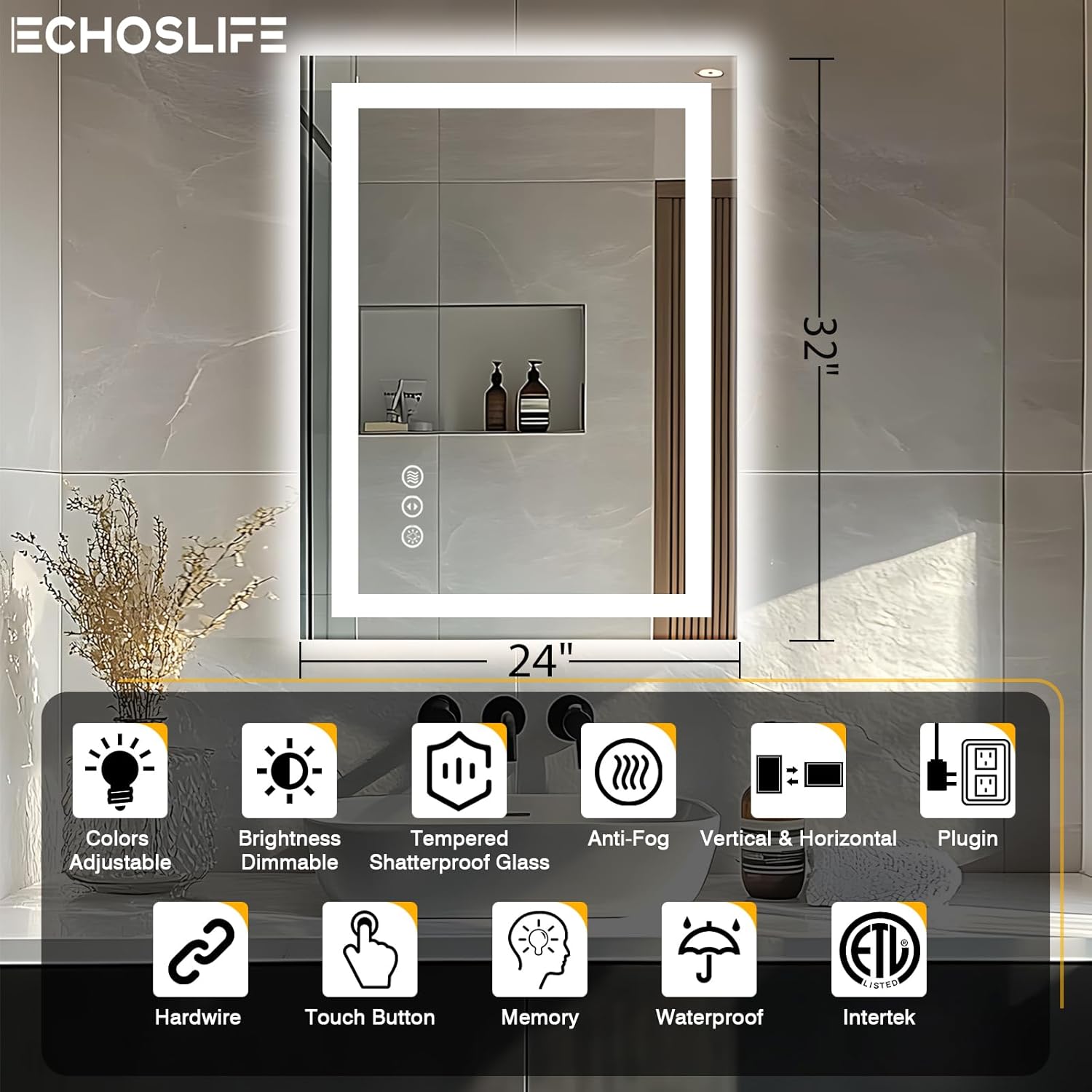 24"x32" LED Bathroom Mirrors for Wall, Front and Backlit Mirror, Anti-Fog Vanity Mirror with Lights, Stepless 3 Colors Dimmable Smart Lighted Mirror(Horizontal/Vertical)