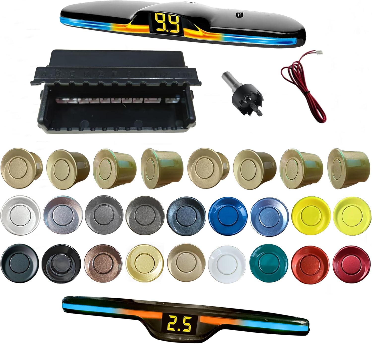 New Features Forward and Reverse Parking sensors, Option to Measure Distance in inches, bidirectional Display Option, and Customizable Digital Direction 18 Color Probes to Choose from(Champagne Gold)