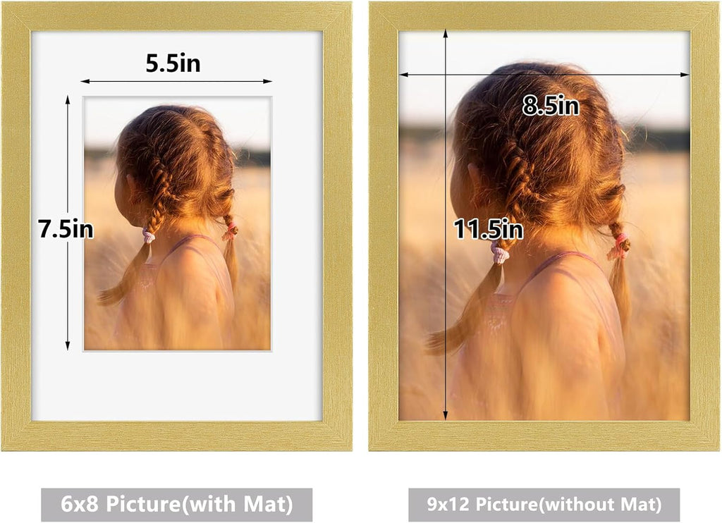 Golden State Art, 9x12 Picture Frame with Mat for 6x8 - High Definition Glass Wall Mounting Horizontal Vertical Display (Gold, 1 Pack)