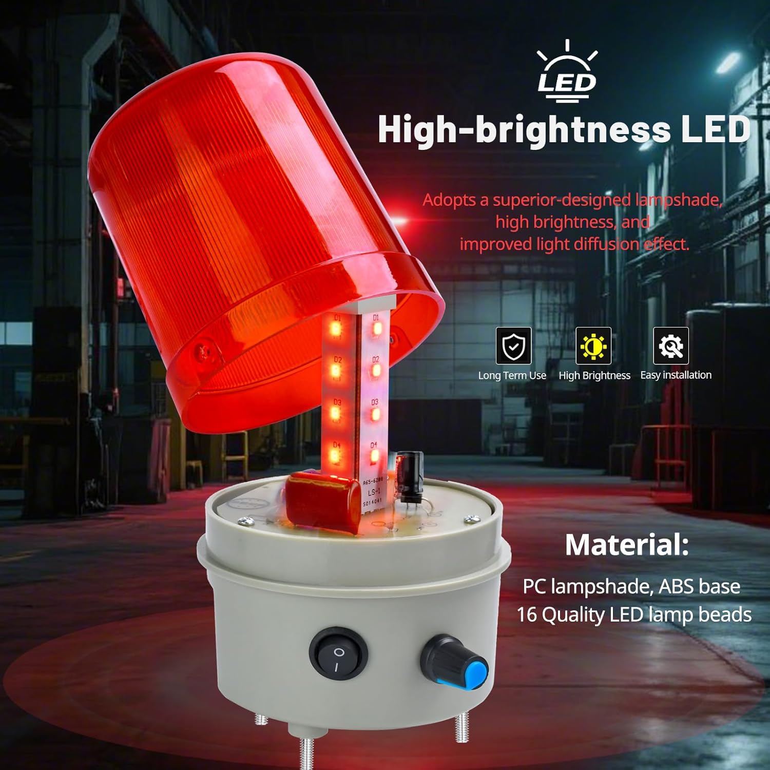 24V Industrial Rotating Warning Light LED Red Strobe Light for Emergency Alarms Safety Siren with Buzzer, Volume Control and Plug