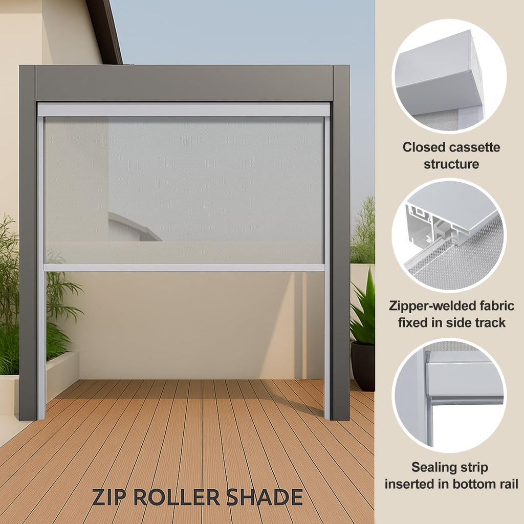 ZSHINE Hard-Wired Outdoor Snow Blocking Weatherproof Motorized Patio Roller Shades Remote Control for Porch Balcony Customized Size (White 30% Openness)
