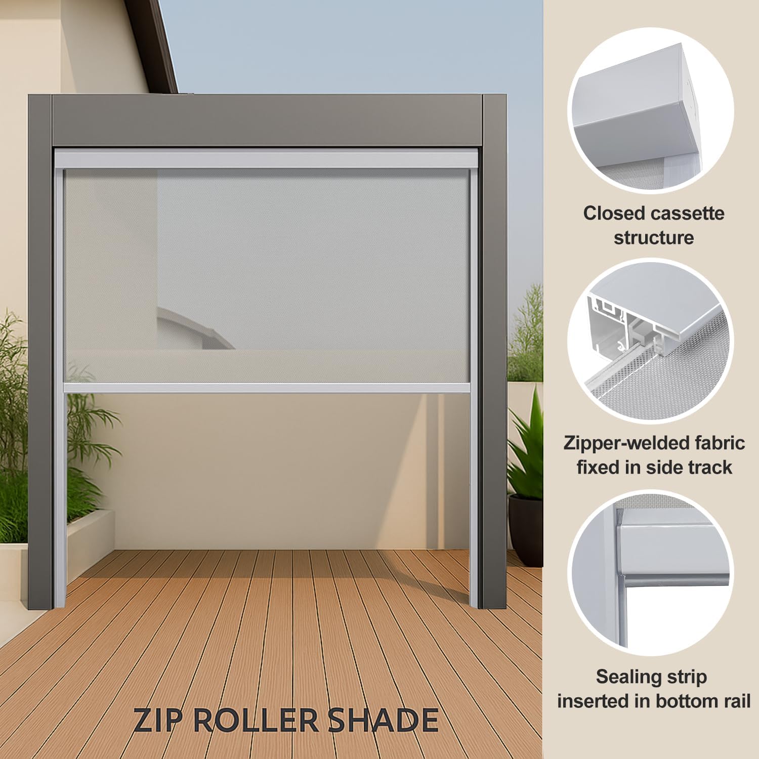 ZSHINE Hard-Wired Outdoor Snow Blocking Weatherproof Motorized Patio Roller Shades Remote Control for Porch Balcony Customized Size (White 30% Openness)