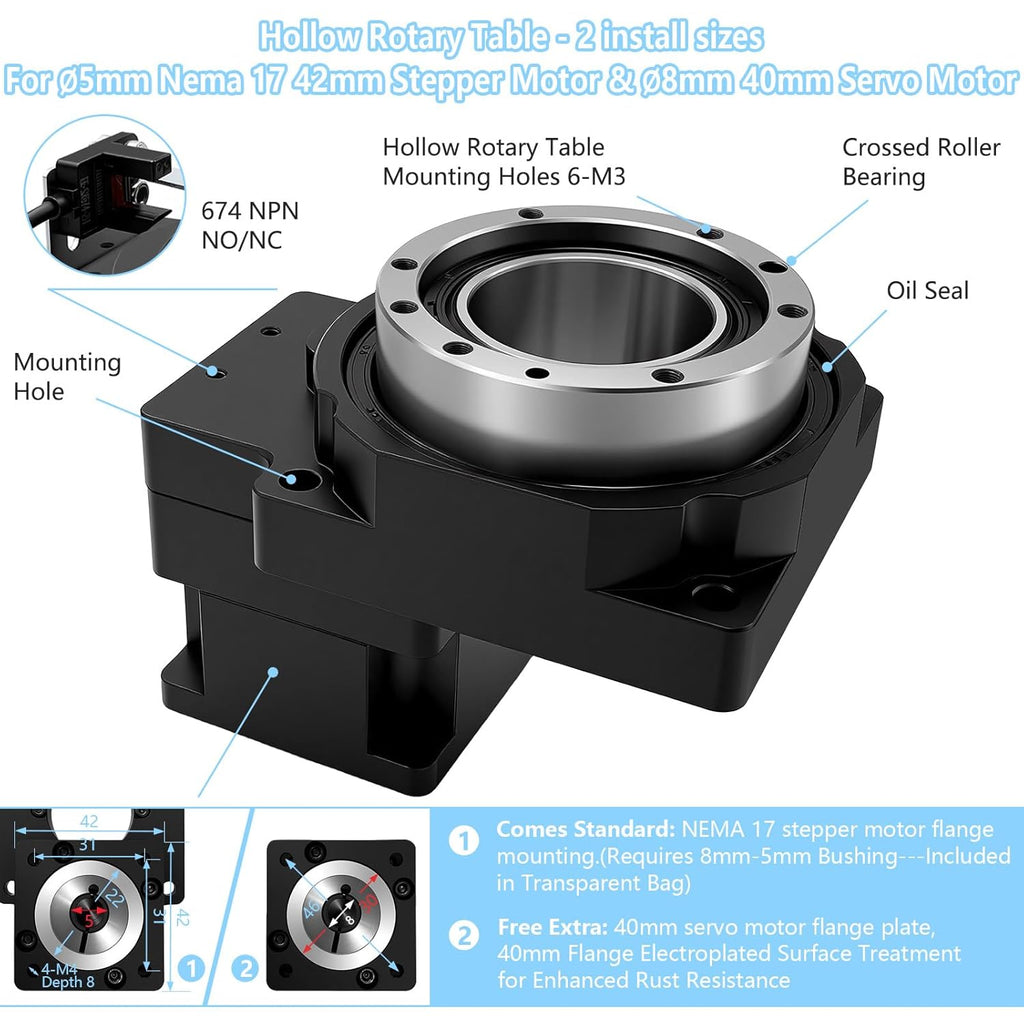 Hollow Rotary Actuator Ratio 10:1 High Accuracy Hollow Rotating Platform Rotary Positioners Suitable for Nema17 42mm Stepper Motor 40mm Servo Motor Substitutable for Direct Drive Motor Cam Indexer