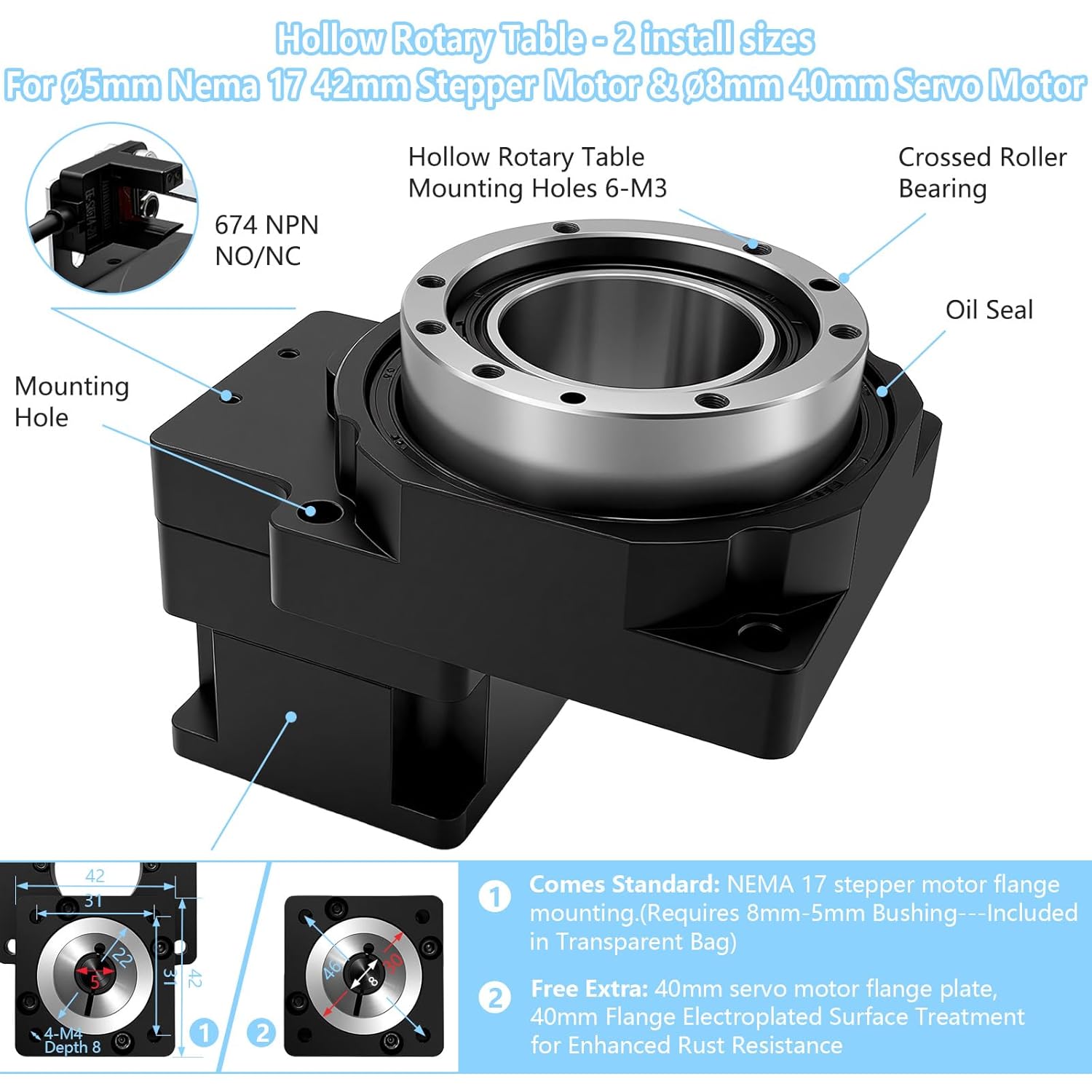 Hollow Rotary Actuator Ratio 10:1 High Accuracy Hollow Rotating Platform Rotary Positioners Suitable for Nema17 42mm Stepper Motor 40mm Servo Motor Substitutable for Direct Drive Motor Cam Indexer