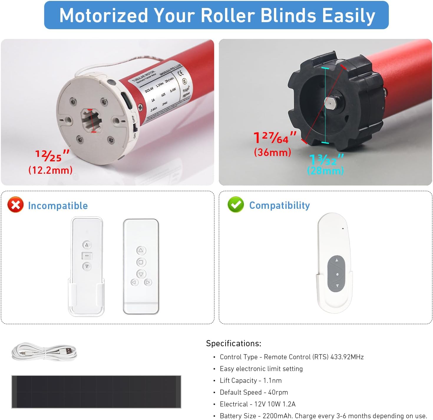 Zigbee Roller Blinds Motor – Smart Tubular Motor for 1-1/2" (38mm) Tubes – 5V Rechargeable, Works with Tuya Zigbee Gateway – Voice & App Control (Alexa/Google Home) Controlled Motors for Smart Shades