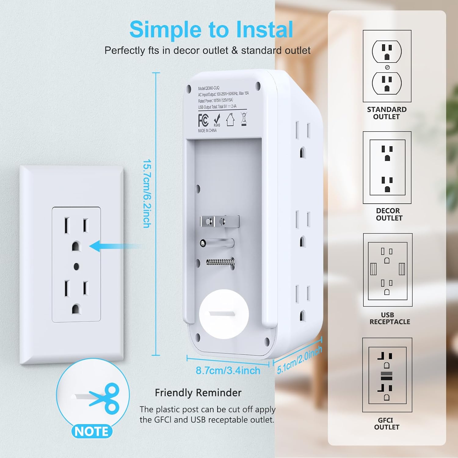 Outlet Extender Wall Charger with Multi Plug Adapter 9 AC Outlets 4 USB Charging Ports 1875W 1050J Surge Protector Power Strip Spaced Splitter for Home, Travel, Dorm Room Essentials