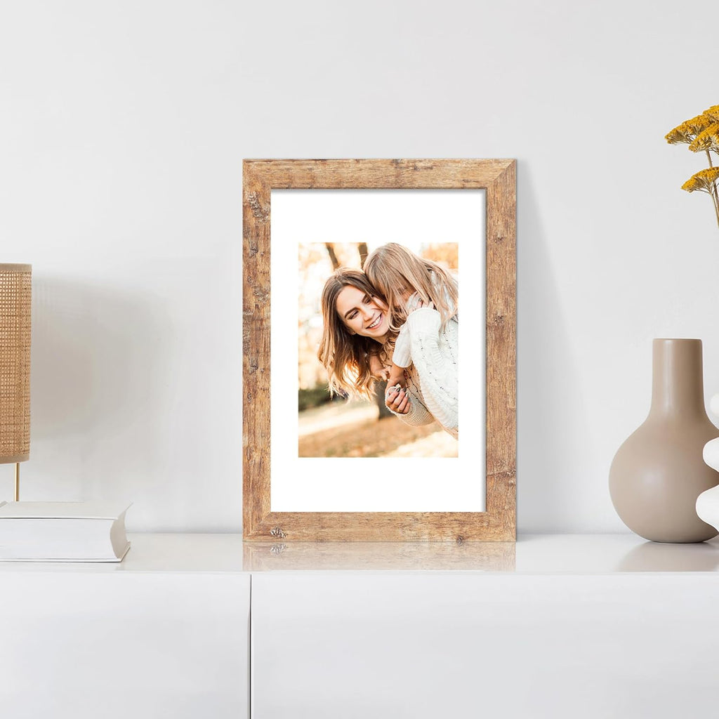 iRahmen 8x12 Picture Frame Set of 4 with High Definition Real Glass, Display 6x8 Pictures with Mat or 8 x 12 Without Mat, Rustic Brown Wood Photo Frames for Tabletop and Wall Mounting