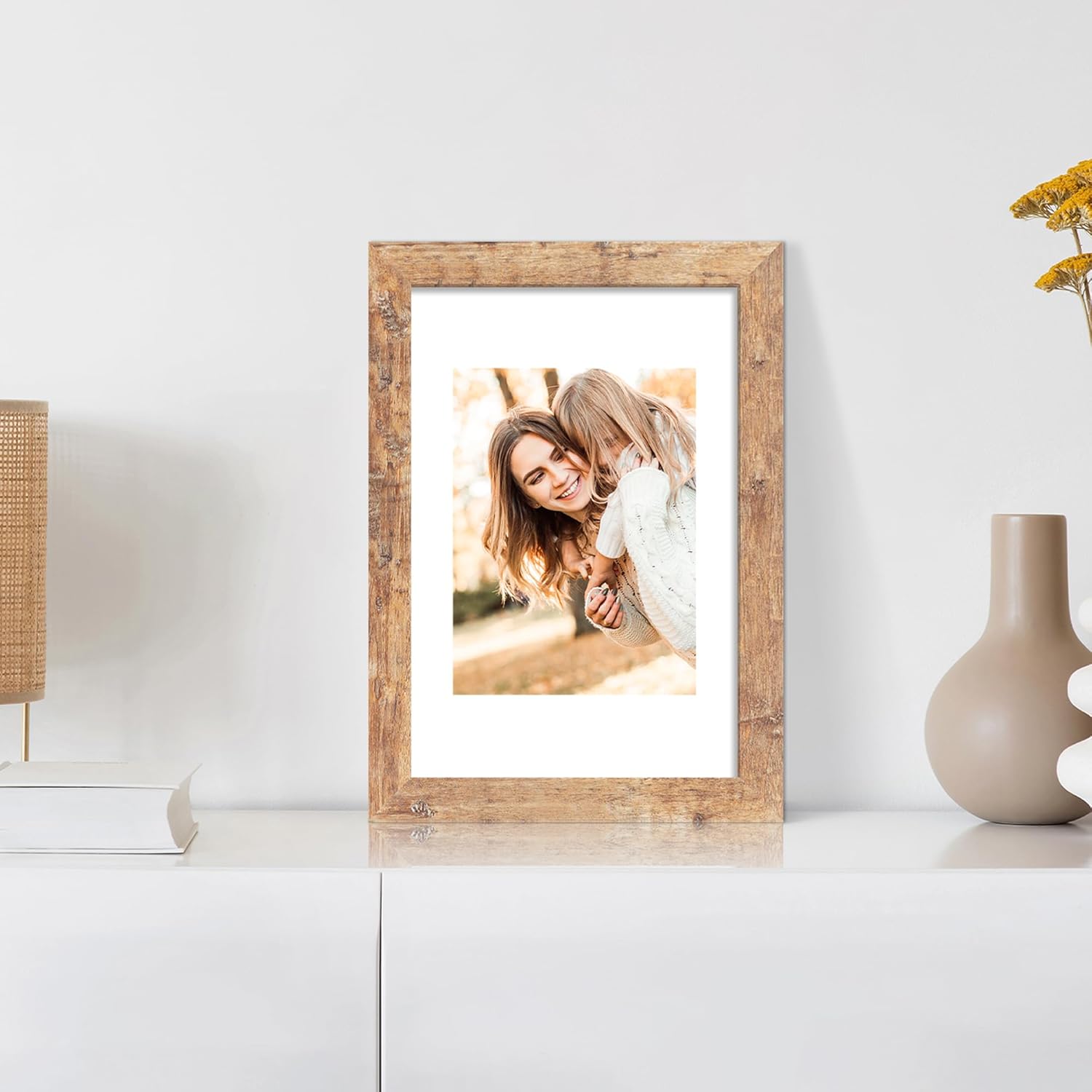iRahmen 8x12 Picture Frame Set of 4 with High Definition Real Glass, Display 6x8 Pictures with Mat or 8 x 12 Without Mat, Rustic Brown Wood Photo Frames for Tabletop and Wall Mounting