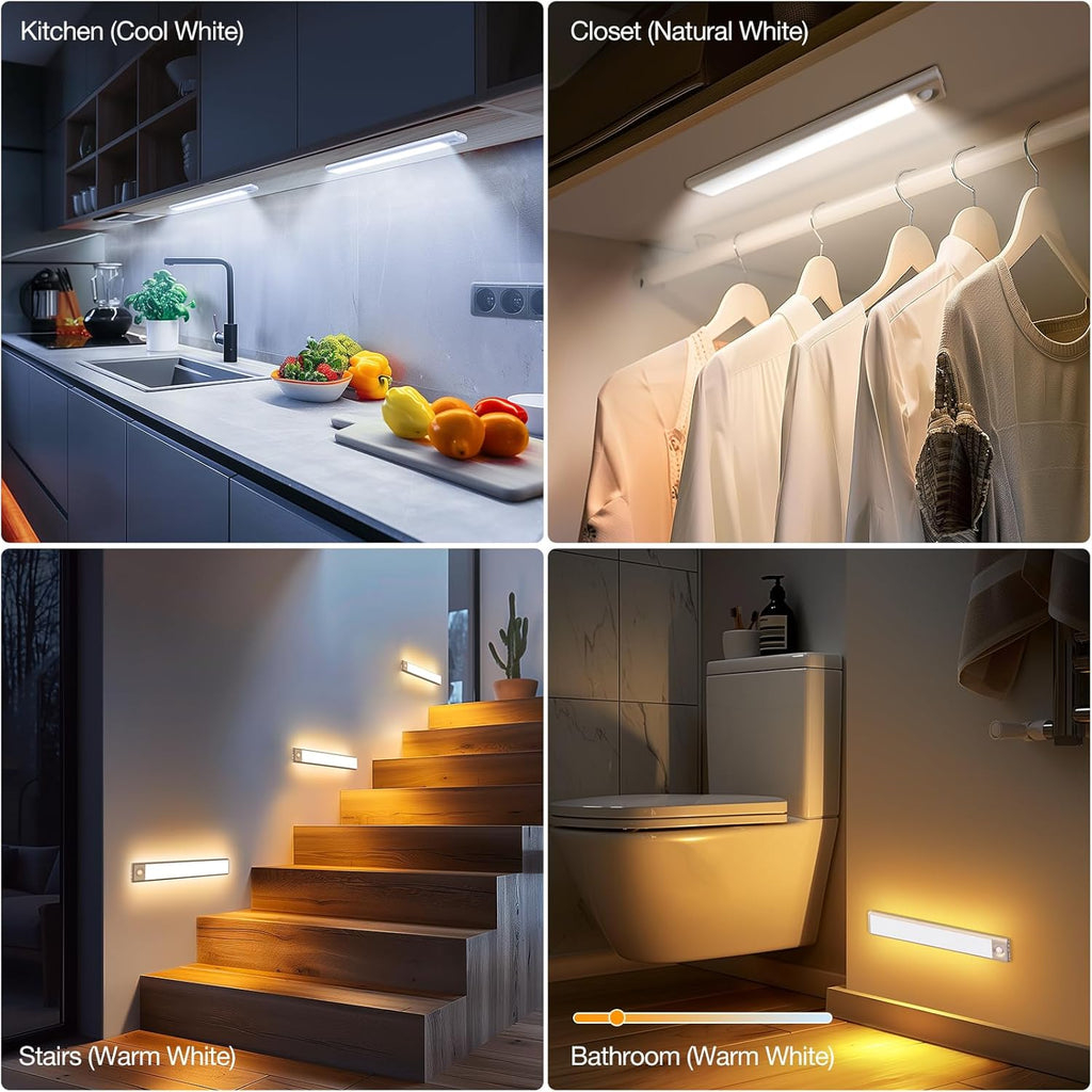 Under Cabinet Lighting, Rechargeable Battery Operated Motion Sensor Light Indoor with 3 Color Tempers Dimmable, Magnetic Closet Light, Wireless Under Counter Lights for Kitchen, Stairs, 3 Pack