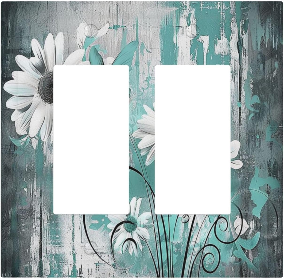 Decorative Outlet Covers Teal Daisy Floral Vintage Wood Plank 2 Gang Double Gfci Rocker Electrical Wall Panels Light Switch Cover Plate For Farmhouse Cabin Decor
