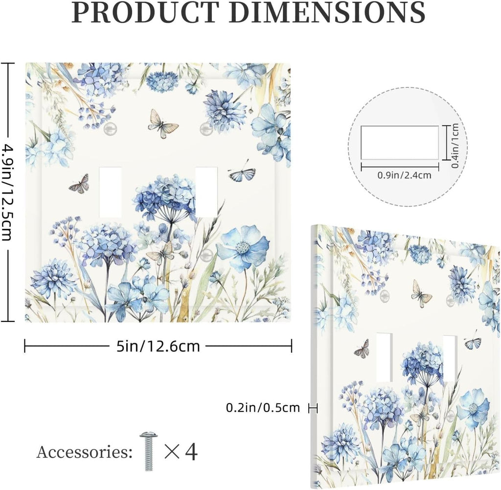 Decorative Switch Plates Blue Floral Hydrangea Plants 2 Gang Double Toggle Wall Plate Outlet Light Switch Cover Electrical Faceplate for Bedroom Home Decor