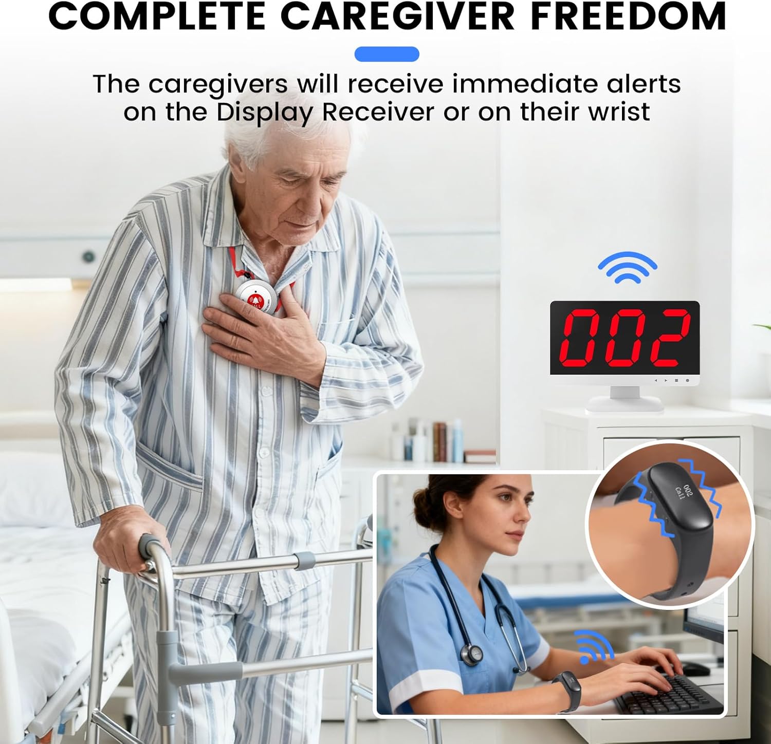 Nurse Call System with 10 Alert Emergency Call Buttons,2 Wrist Watch Receivers and 1 Display Receiver Wireless Caregiver Pager Calling System,1000ft, for Medical Clinic Nurses Station Home Hospital