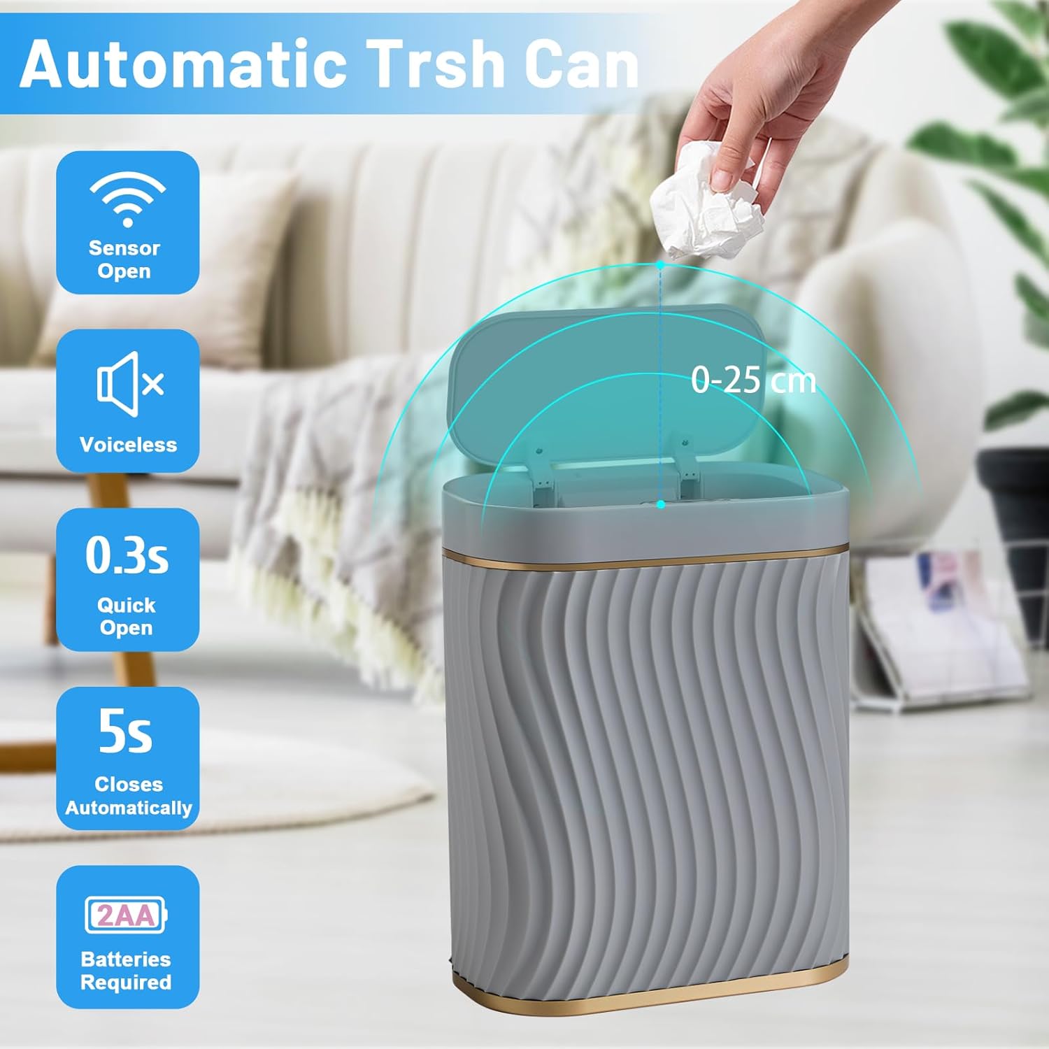 steo spce Bathroom Small Trash Can with Automatic Touchless Lid, 2.6 Gallon Smart Garbage Can Narrow Waterproof Trash Bin for Bedroom, Office, Living Room (Gold Grey)