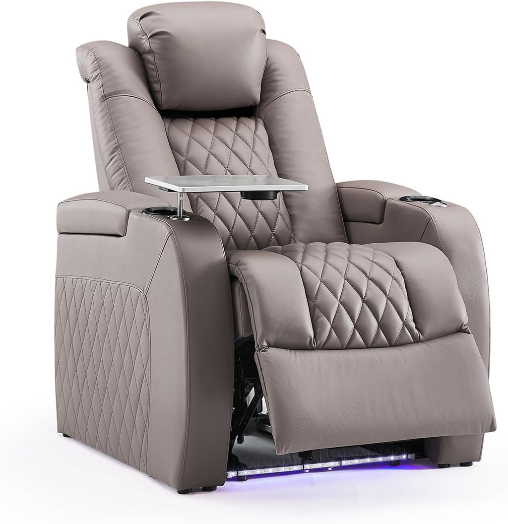 Weilianda Home Theater Seating Top Grain Leather Recliner Chair Power Headrest and Recline Movie Seats Gaming Sofa with Tray Table Type-C USB Charge Cup Holders Row of 1 Grey