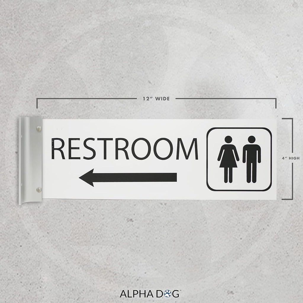 ALPHA DOG SIGNS Corridor Projecting Hallway Bathroom Sign, Left Arrow, 4"x12" Double Sided, Indoor/Outdoor, Easy Install, Durable Business Wayfinding Plaque, USA-Made (White)