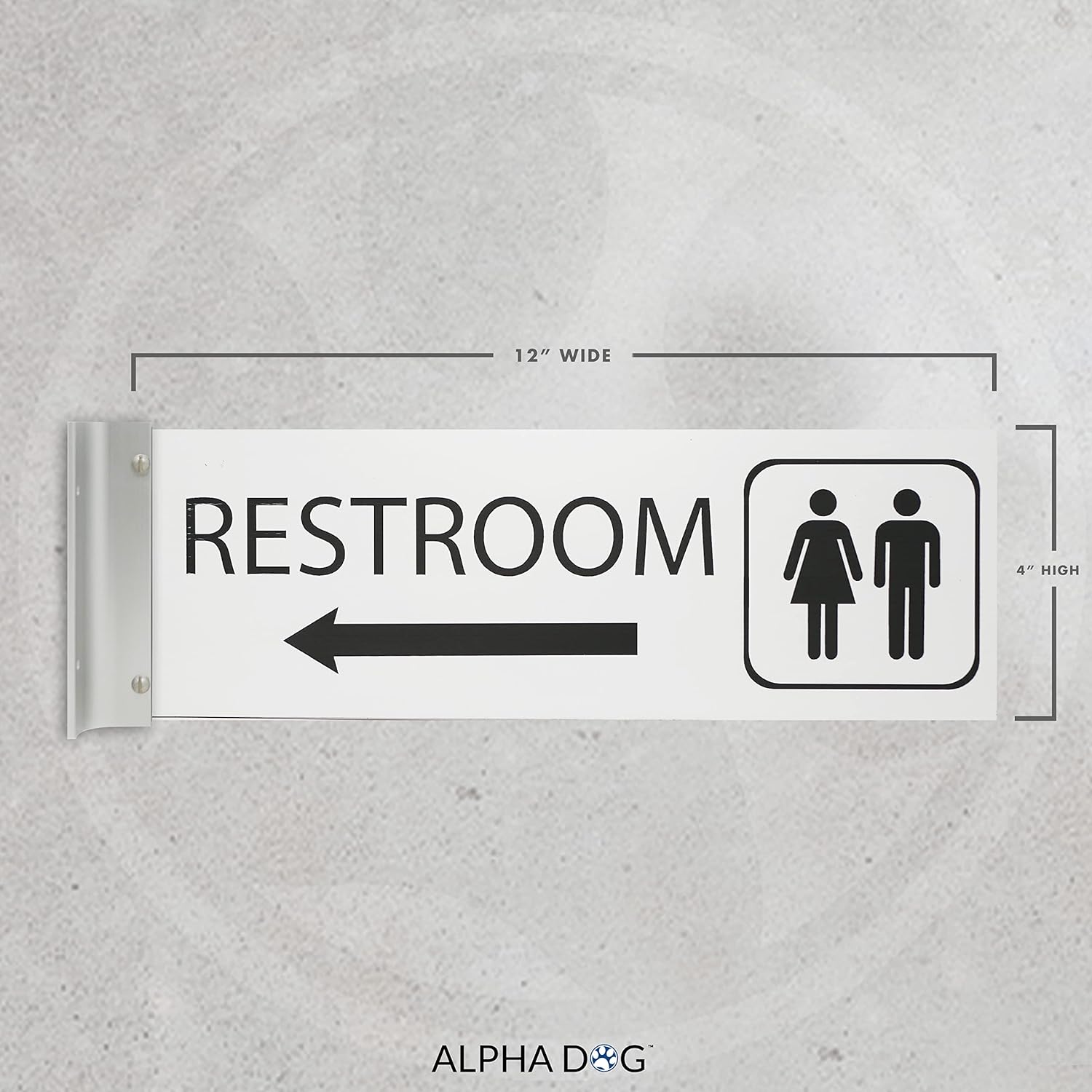 ALPHA DOG SIGNS Corridor Projecting Hallway Bathroom Sign, Left Arrow, 4"x12" Double Sided, Indoor/Outdoor, Easy Install, Durable Business Wayfinding Plaque, USA-Made (White)