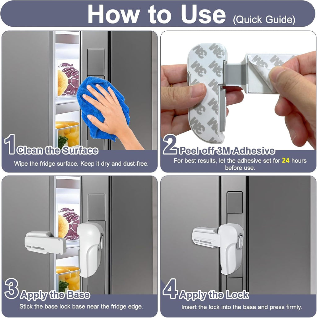 Fridge Lock for Kids, Childproof Refrigerator Door Lock, Fridge Latch with 3M Adhesive, Freezer Locks Automatically Closed, No Drill No Screw, More Security for Kids/Pets (2 Pack, White)