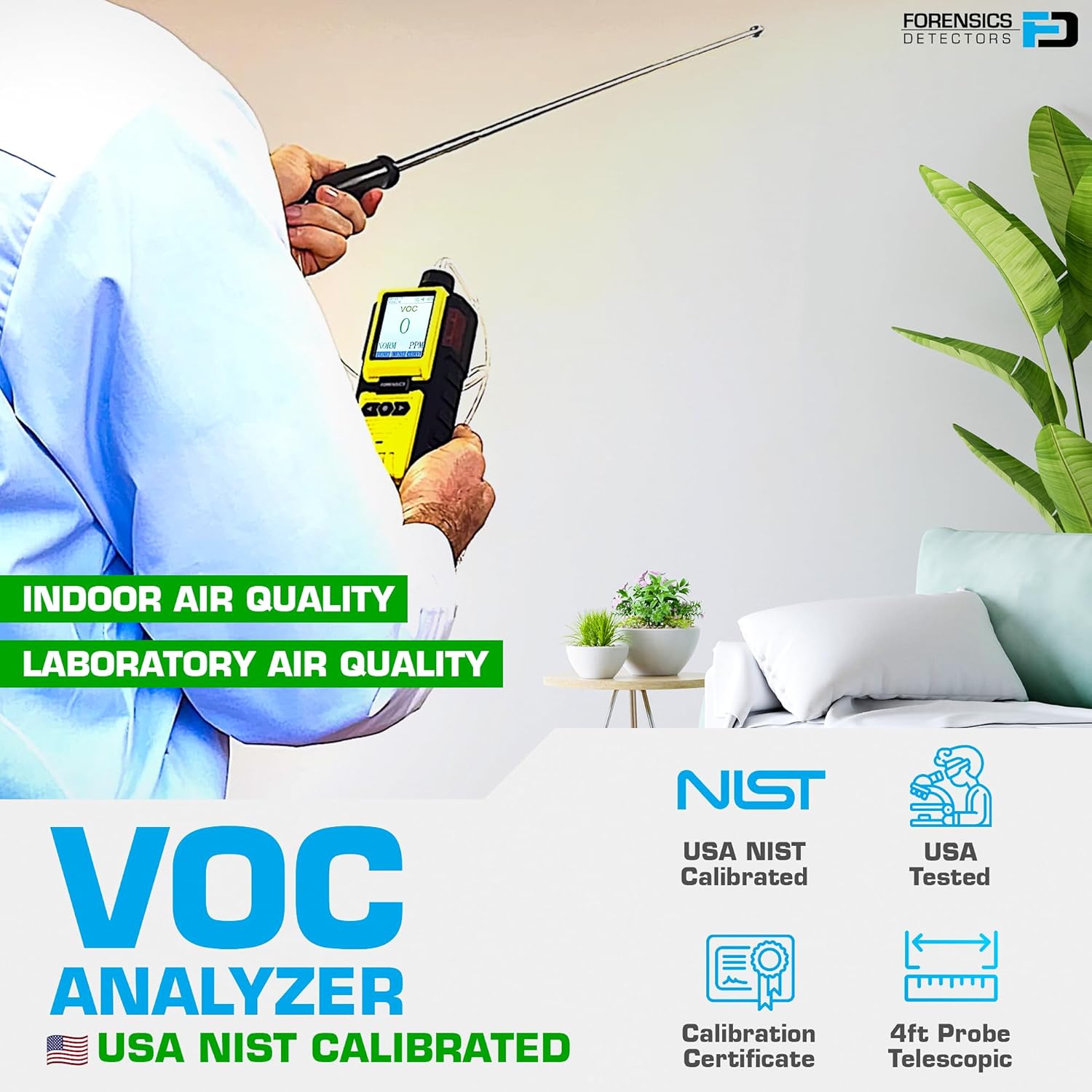 Volatile Organic Compounds VOC Detector by Forensics | USA NIST Calibrated & Certificate | USB Recharge | 0-100ppm VOC | Built-in Pump & 4ft Probe |