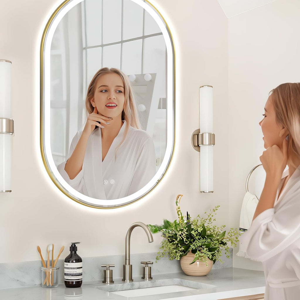 Niccy Oval LED Mirror for Bathroom, 48x30 Front Lit + Backlit Vanity Mirrors with Light Anti-Fog, Shatter-Proof, 3 Colors, Makeup Mirror with Old Gold Frame (Horizontal/Vertical)