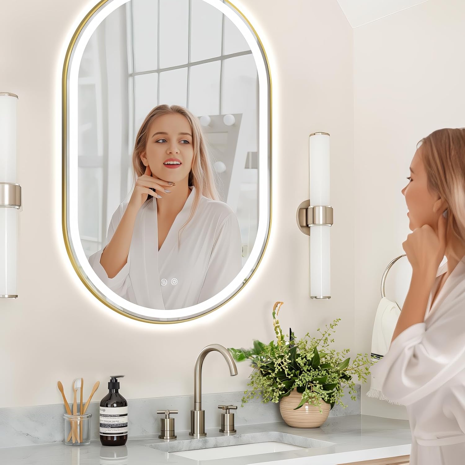 Niccy Oval LED Mirror for Bathroom, 48x30 Front Lit + Backlit Vanity Mirrors with Light Anti-Fog, Shatter-Proof, 3 Colors, Makeup Mirror with Old Gold Frame (Horizontal/Vertical)