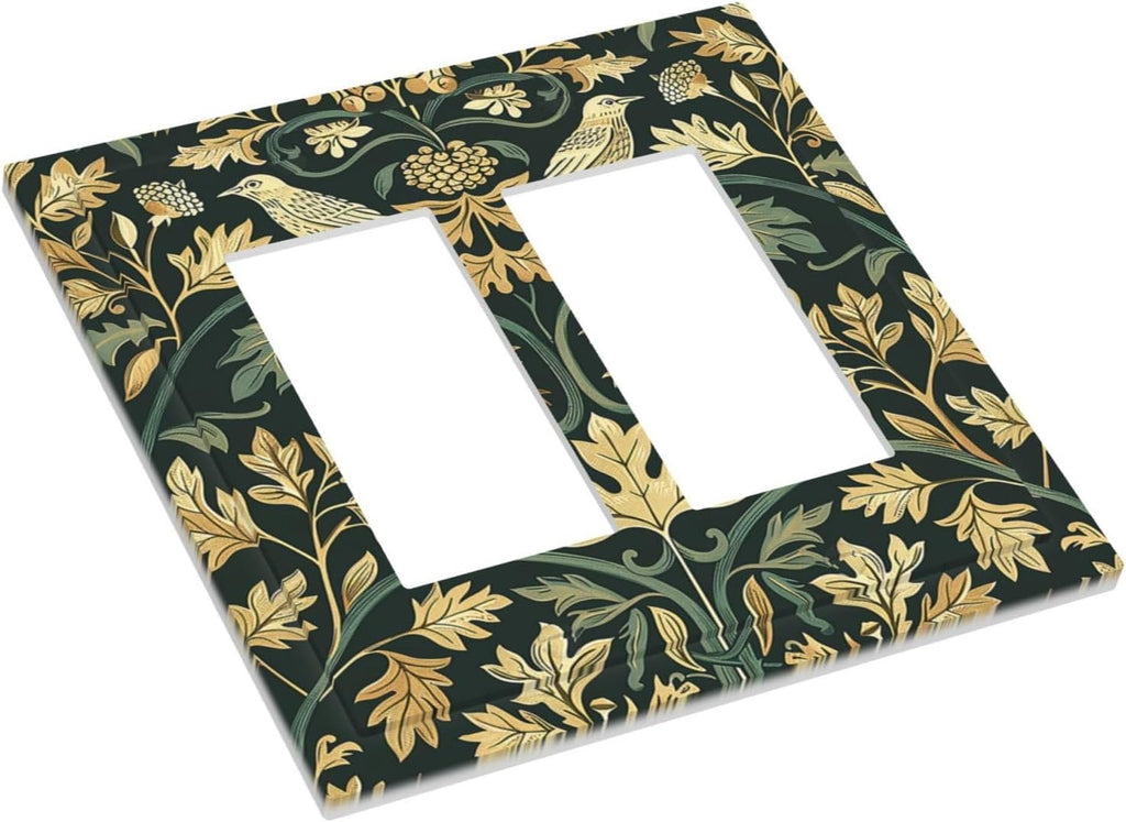 Decorative Outlet Covers William Morris Vintage Botanical Birds Golden Green Leaves 2 Gang Double GFCI Rocker Electrical Wall Panels Light Switch Cover Plate for Bedroom Home Decor