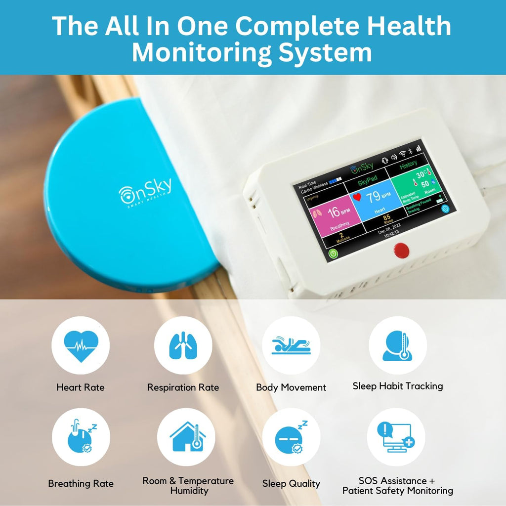 SkyPad FDA-Cleared Contact-Free Heart & Breathing & Sleep Apnea & Seizure Monitor, Adult & Children Home Health Care - Senior & Nursing Home - Remotely Monitor Wellness via app - Emergency Alert Call