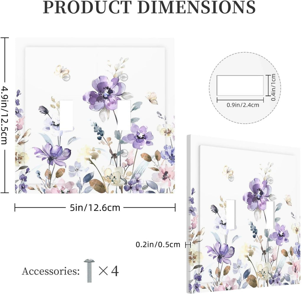 Decorative Switch Plates Purple Floral Lilac Watercolor Flower Leaves Butterfly Wildflower 2 Gang Double Toggle Wall Plate Outlet Light Switch Cover Electrical Faceplate for Bedroom Home Decor
