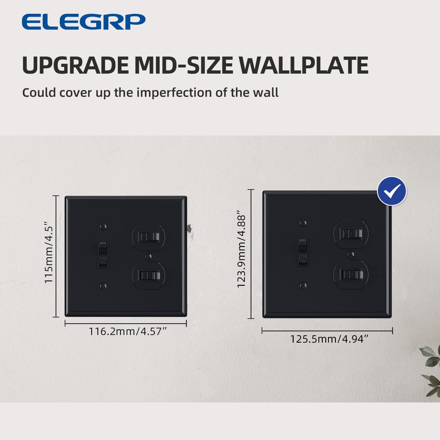 Combination Wall Plate ELEGRP 1-Toggle Light Switch 1-Duplex Receptacle Outlet Combination Wall Plate Cover, Mid-Size 4.88" x 4.94" Unbreakable Thermoplastic Faceplate Cover, UL Listed (2 Pack, black)