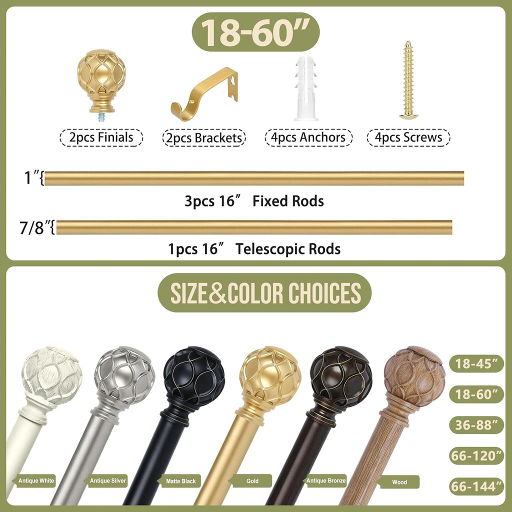Gold Adjustable Curtain Rods for Windows:18-60 Inch Farmhouse Heavy Duty Curtain Rod for Bedroom Living Room,Boho Decorative Rustic Drapery Rods with Vintage Coastal Texture Finial,Brass Gold