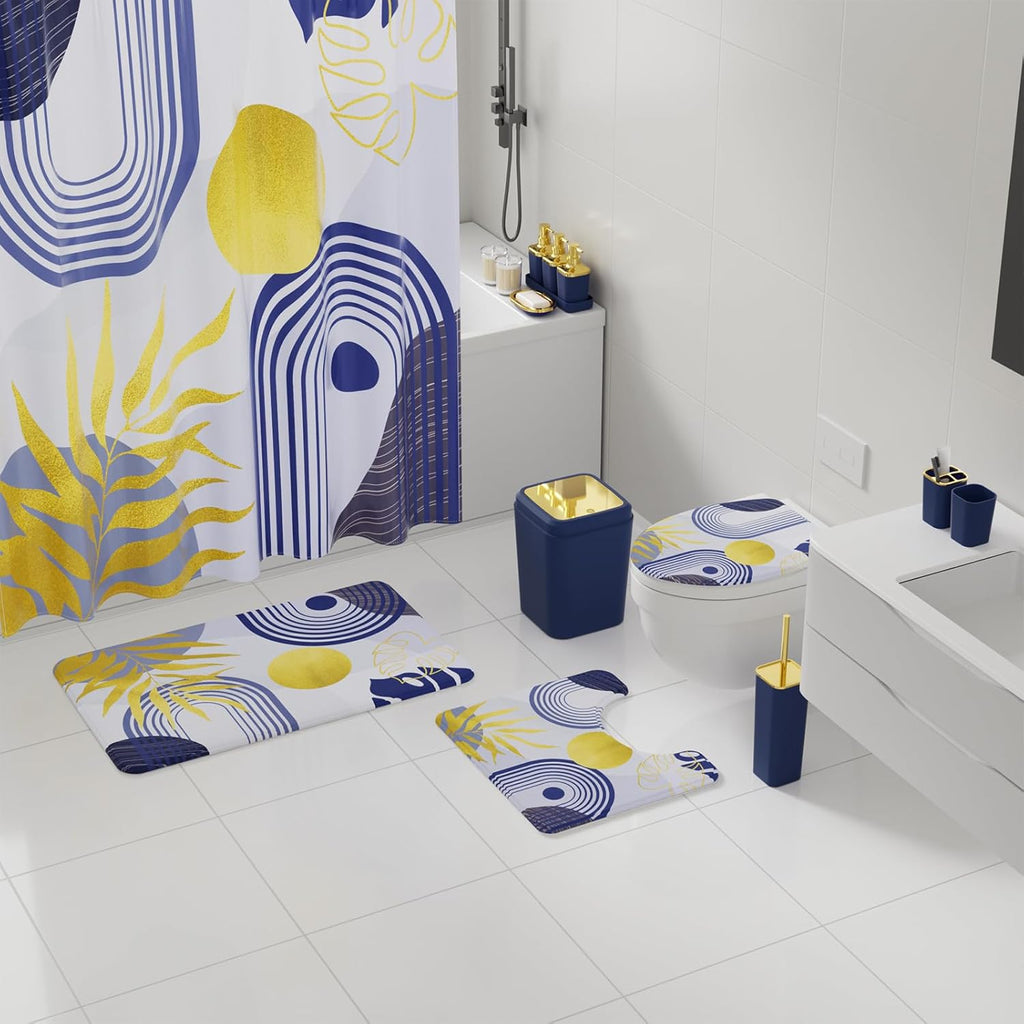 Bathroom Set - Bathroom Sets with Shower Curtain and Rugs, Bathroom Accessory Set, Navy Blue Bathroom Accessories Set with Trash Can, Toilet Brush and Soap Dispensers