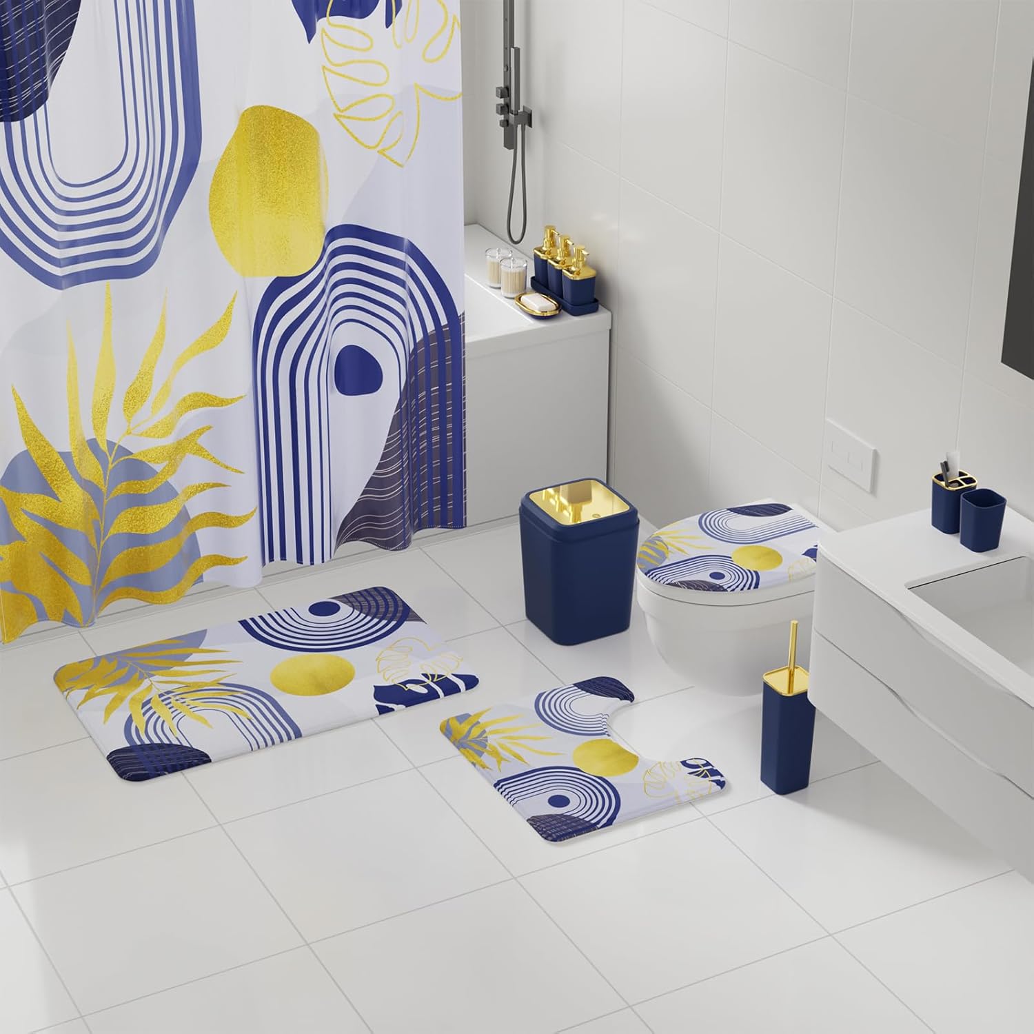 Bathroom Set - Bathroom Sets with Shower Curtain and Rugs, Bathroom Accessory Set, Navy Blue Bathroom Accessories Set with Trash Can, Toilet Brush and Soap Dispensers