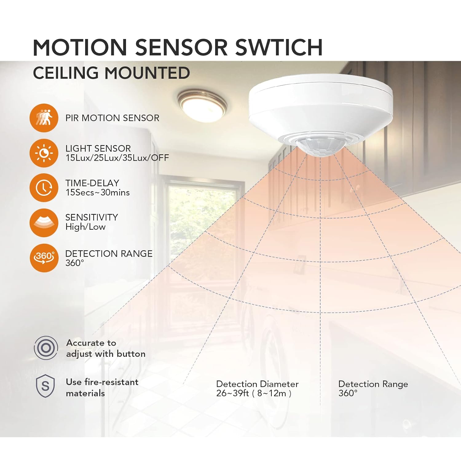RAYZEEK Ceiling Mount Motion Sensor,360 Motion Sensor,110V-265V,1100W,Occupancy Sensor Switch for Ceiling, 8-12M High Sensitive Motion Sensor Light Switch,PC Fireproof(5A,Neutral Wire Required)
